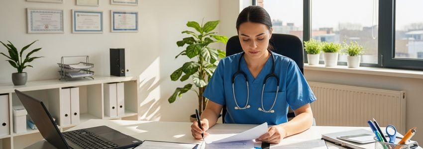 Addiction treatment facility administrator reviewing financial documents and business loan options at a modern healthcare office desk