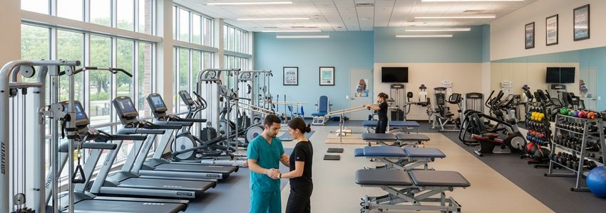 Modern physical therapy clinic with rehabilitation equipment and therapist working with patient
