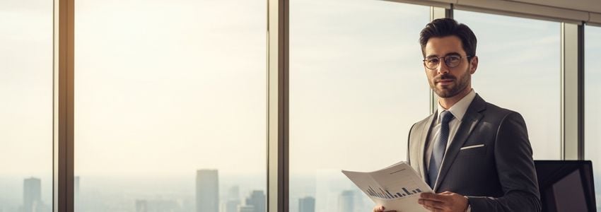 REIT business loan professional reviewing real estate investment portfolio documents in a modern office
