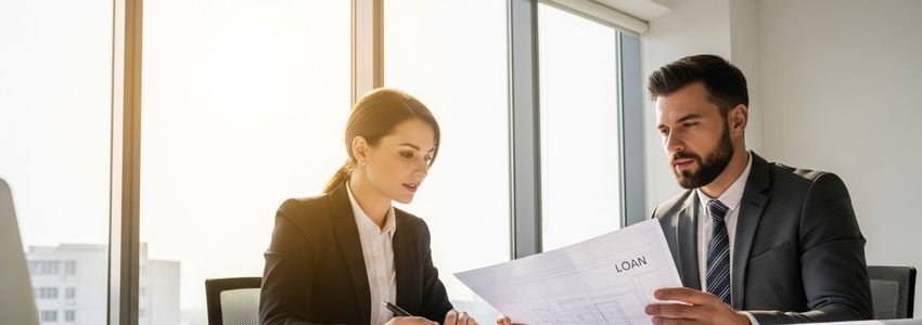 Business professionals reviewing loan documents for relocation and upgrade project