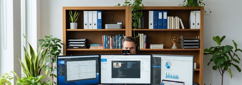 Business professional working at a multi-monitor remote work setup with webcam and networking equipment