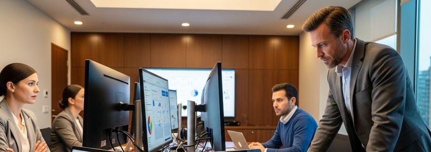 Business professional reviewing laptops and technology equipment for remote workforce deployment in a modern office setting