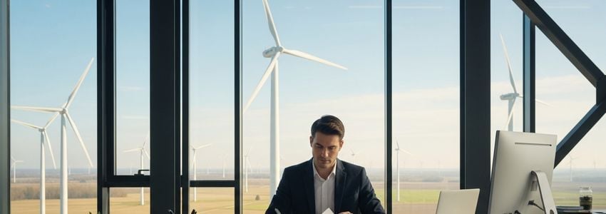 Clean energy business professional reviewing renewable energy financing documents at a modern industrial office