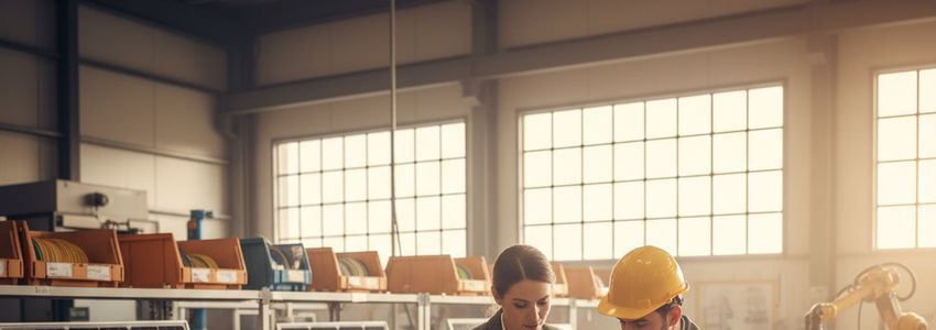 Engineer reviewing financing documents at a renewable energy manufacturing facility