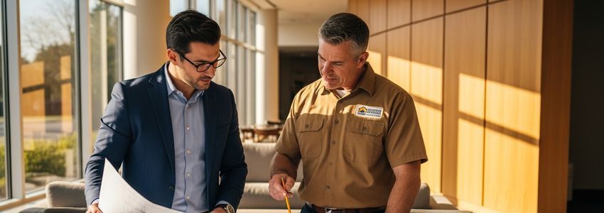 Business owner and contractor reviewing renovation plans for commercial space modernization