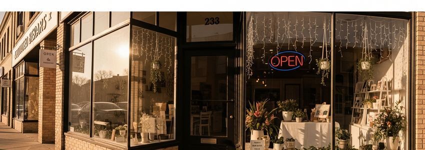 Small business storefront with open sign, showing a business ready to reopen after securing financing