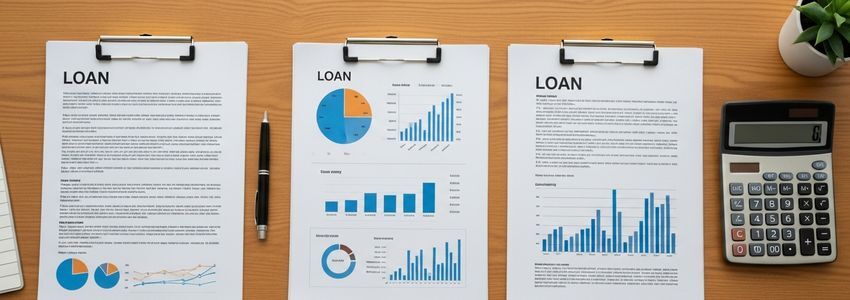 Business owner comparing loan repayment structures and documents at a professional desk