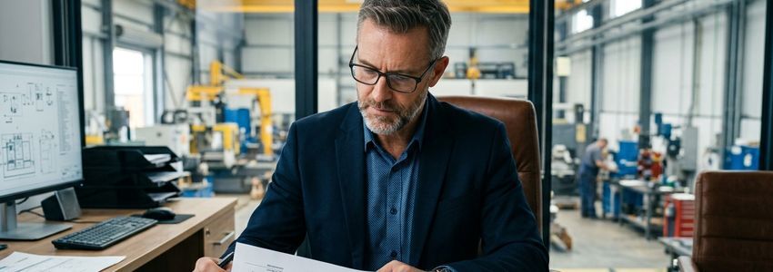 Business owner reviewing equipment repair vs replacement cost analysis documents at an industrial facility