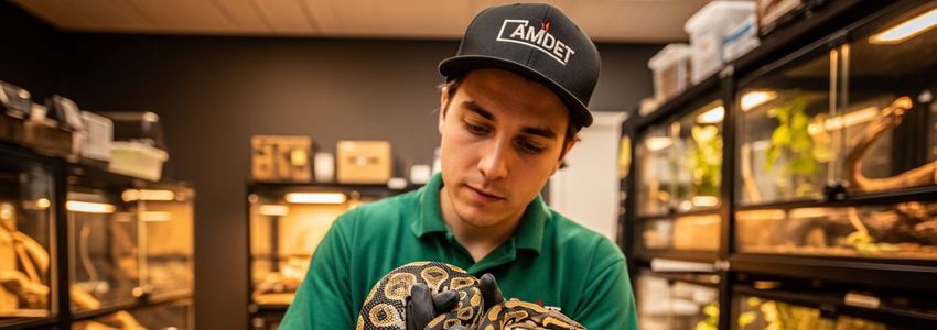Reptile store employee handling a ball python snake in a professional exotic pet retail environment with glass vivariums in the background