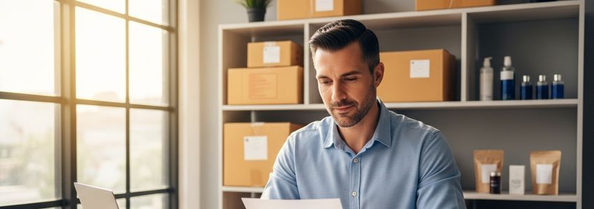 Small business owner reviewing financing documents for reseller operations, surrounded by product inventory and shipping boxes