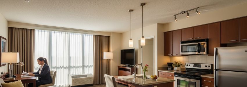 Residence Inn extended-stay hotel suite with business professional working at desk