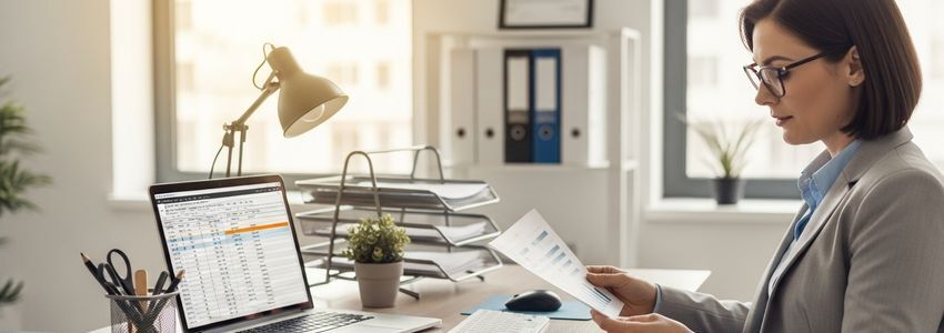 Residential care facility administrator reviewing business loan financing documents at desk