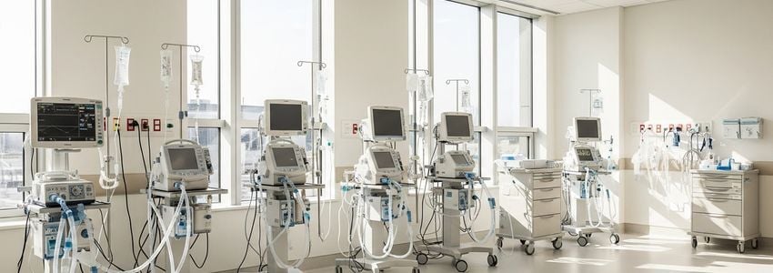 Modern hospital respiratory therapy room showing ventilators and breathing equipment