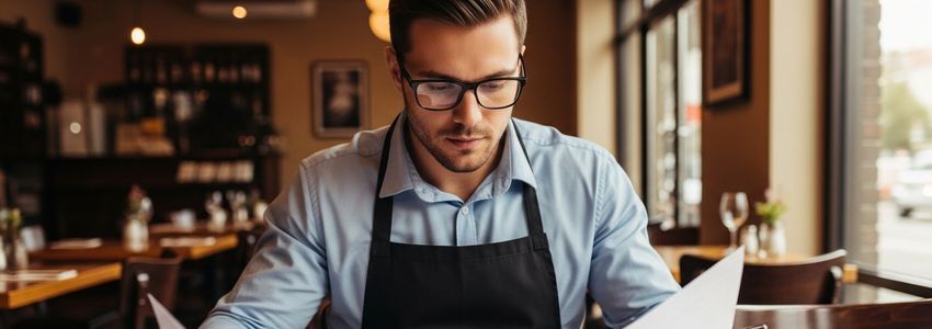 Restaurant owner reviewing business loan documents at restaurant table