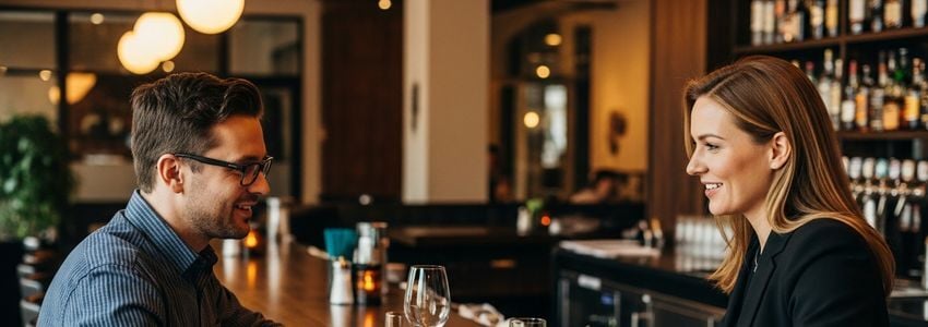 Restaurant owner and financing specialist reviewing loan documents at a restaurant bar