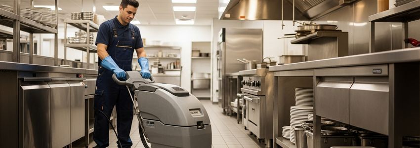 Restaurant kitchen worker operating a commercial floor scrubber in a professional kitchen setting
