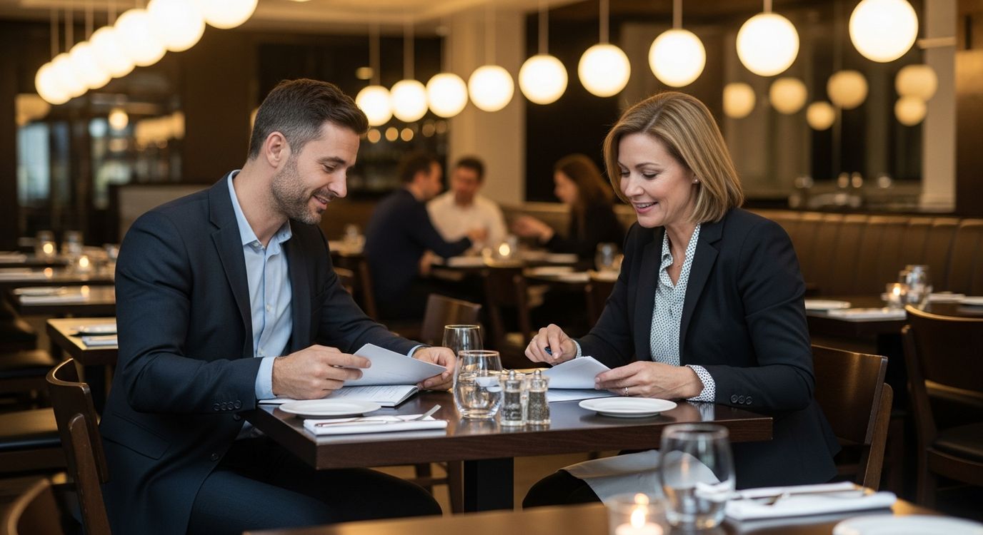 Restaurant owner reviewing equipment financing paperwork with a business advisor