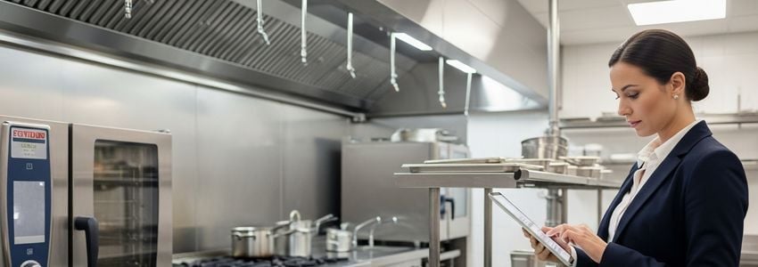 Restaurant owner reviewing equipment financing options in a professional kitchen setting