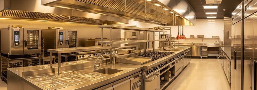 Modern commercial restaurant kitchen with upgraded professional equipment