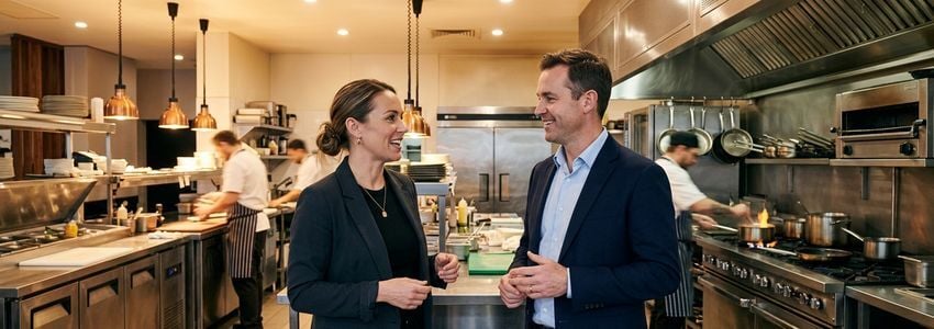 Restaurant owner and business advisor reviewing expansion financing options inside a commercial kitchen