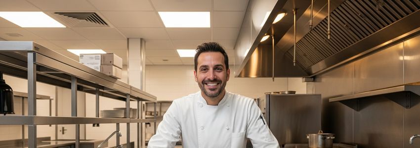 Restaurant owner reviewing expansion plans in a newly renovated commercial kitchen