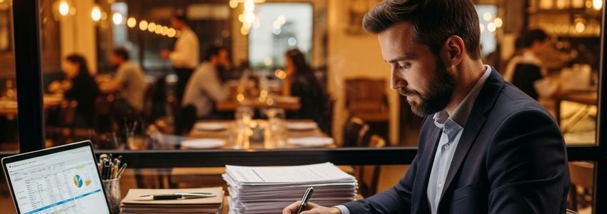 Restaurant owner reviewing business loan financing data and financial statements at a restaurant office desk
