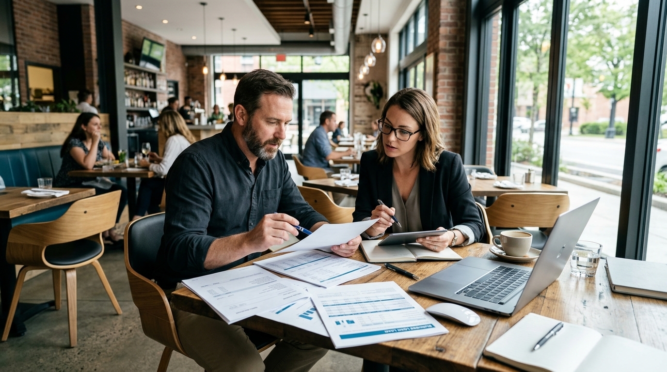 Restaurant owner reviewing financing documents with a business advisor at a modern restaurant table