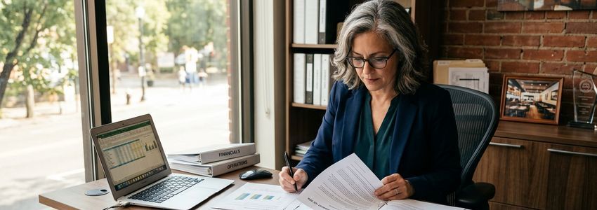 Restaurant owner reviewing business loan documents at a professional desk