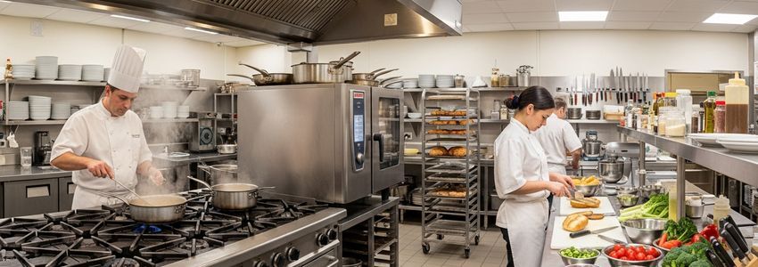 Commercial restaurant kitchen with professional cooking equipment, showing how restaurant business loans fund operations