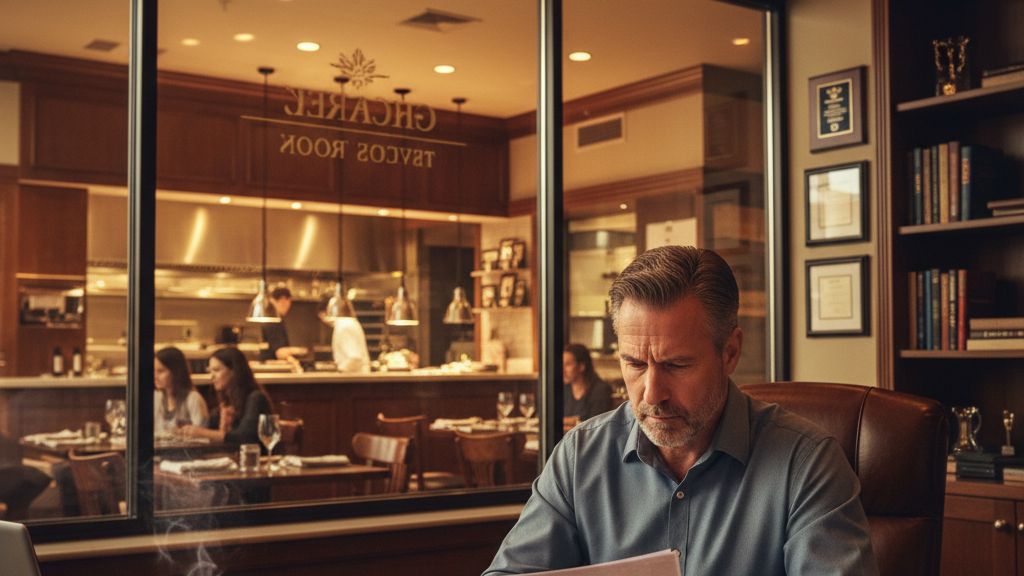 Restaurant owner reviewing business loan documents at office desk with restaurant visible through glass window