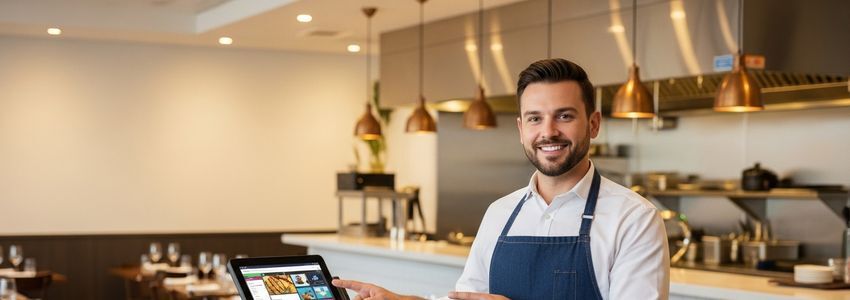 Restaurant owner reviewing POS financing options with a modern tablet system