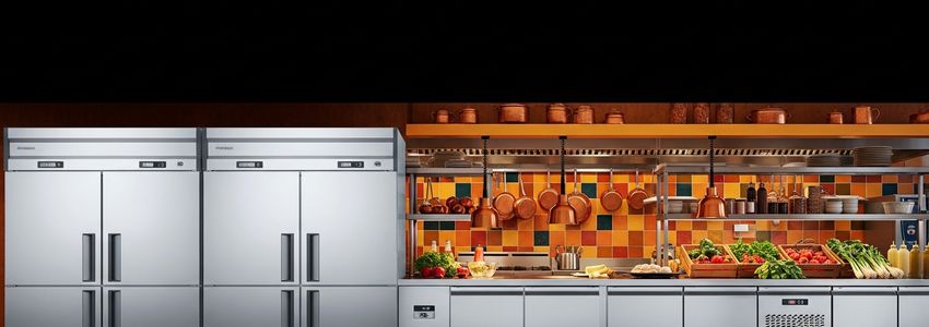 Commercial refrigeration equipment in a professional restaurant kitchen