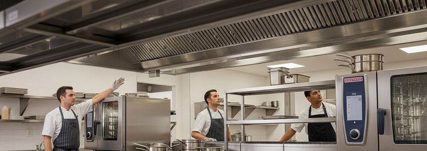 Modern commercial restaurant kitchen renovation with new stainless steel commercial equipment and cooking appliances