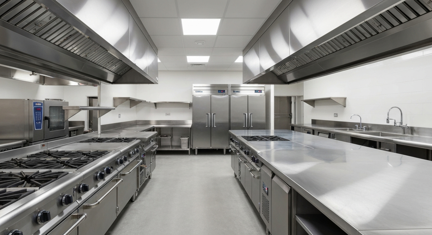 Modern restaurant kitchen being renovated with new commercial equipment installation