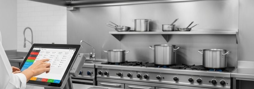 Restaurant owner reviewing POS technology upgrade financing options on tablet