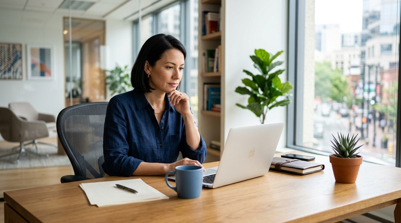 Retail store owner reviewing business loan documents at desk in back office of a retail shop