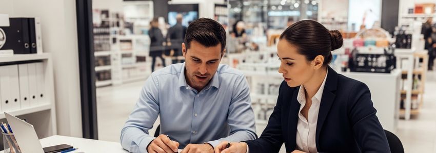 Business professionals reviewing retail financing documents