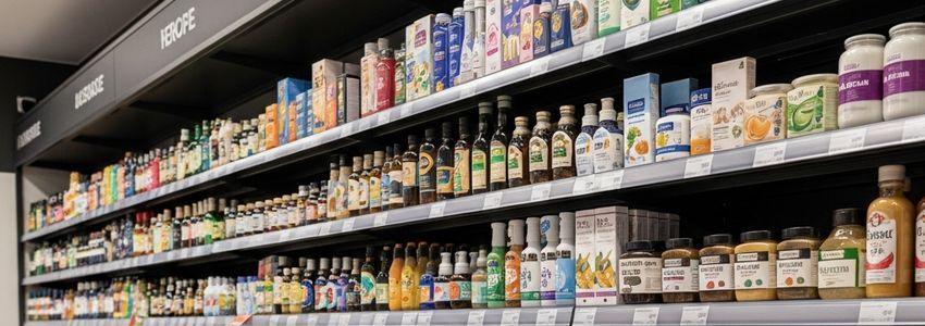 Well-stocked retail store shelves with organized merchandise displays