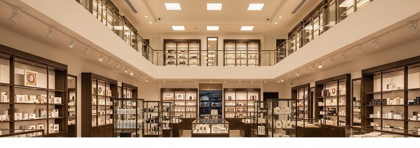 Upscale retail store interior showcasing premium display fixtures and product shelving