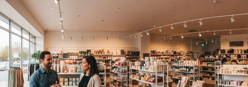 Retail store interior with well-stocked shelves and business owners planning expansion