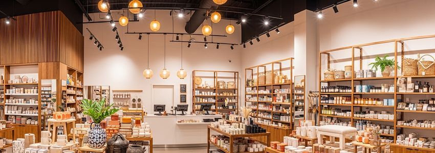 Retail store interior showing professional shelving, display fixtures, and point-of-sale counter representing equipment available for leasing