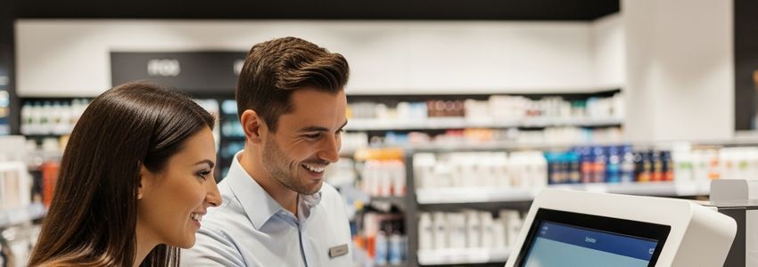 Retail store employee helping customer use interactive product kiosk during store equipment upgrade