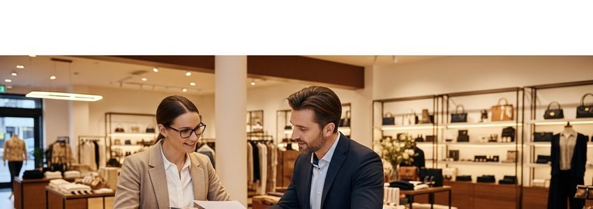 Retail store owner reviewing financing options with a business advisor inside a boutique shop