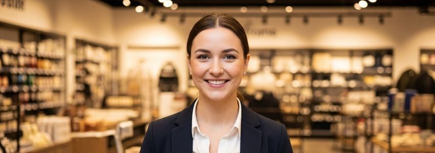 Retail store owner reviewing financing documents in a modern boutique store