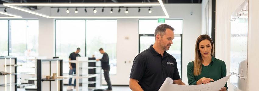 Retail store renovation project with business owner reviewing renovation plans and financing options