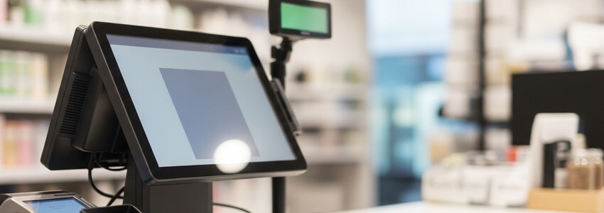 Small business owner reviewing retail analytics on tablet at POS counter