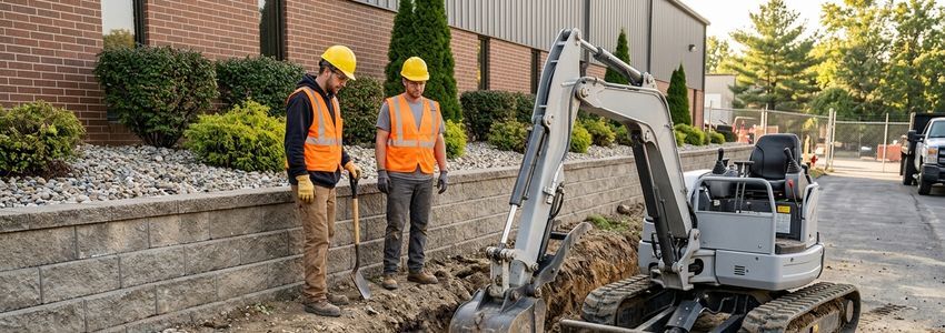 Construction crew repairing a commercial retaining wall and drainage system on a business property
