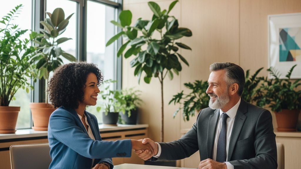 Small business owner and lender shaking hands after agreeing on revenue-based financing terms