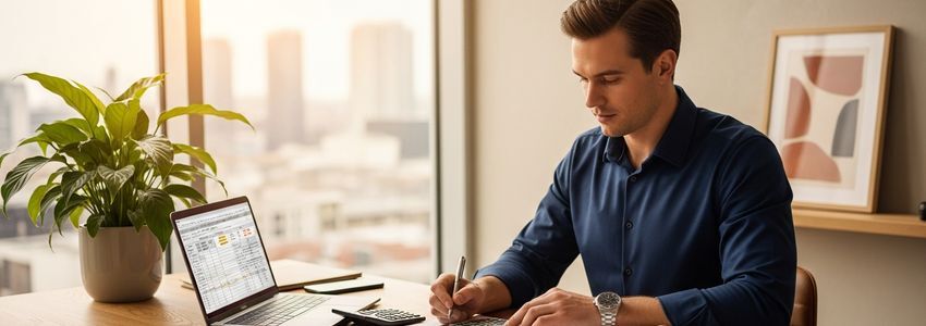 Business owner reviewing loan documents comparing revenue-based financing vs traditional loan options at a modern office desk