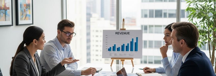 Small business team presenting financial projections and revenue charts to a bank lender in a conference room